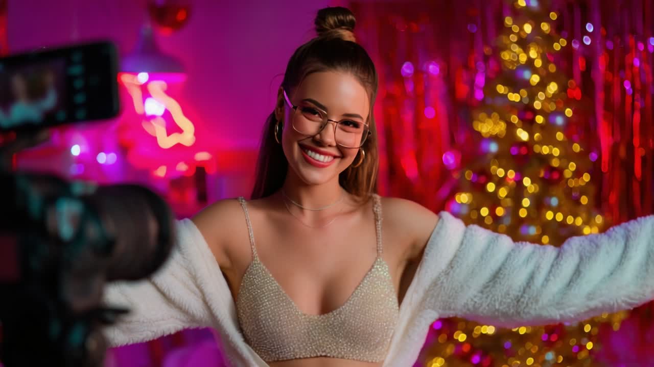 A joyful celebration moment captured in vivid color, featuring a cheerful young woman dressed in a sparkling outfit with glowing fairy lights and a festive atmosphere, embodying the holiday spirit in a glamorous way