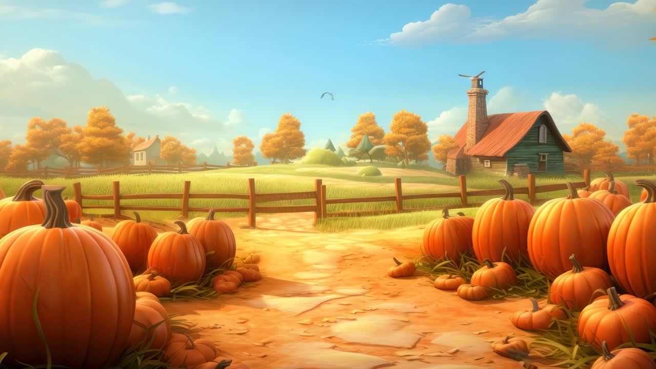 Charming autumn landscape with pumpkins in the foreground, captured from a low angle