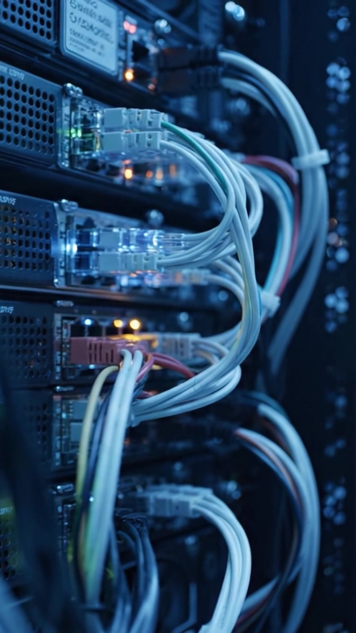 Esplorando l'intricata rete di hardware server: una vista ravvicinata del cablaggio e della connettività in una moderna configurazione di data center.
