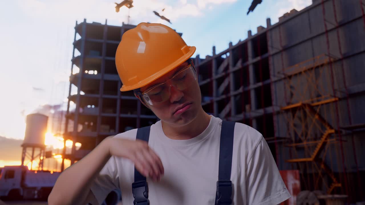 Asian Man Worker Wiping The Sweat And Being Tired At Construction Site