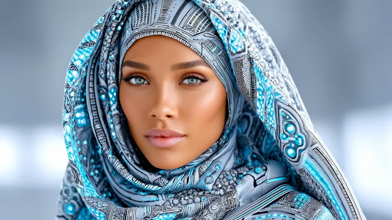 Chic woman in colorful hijab. A woman with captivating blue eyes wears a vibrant hijab in a stylish indoor environment