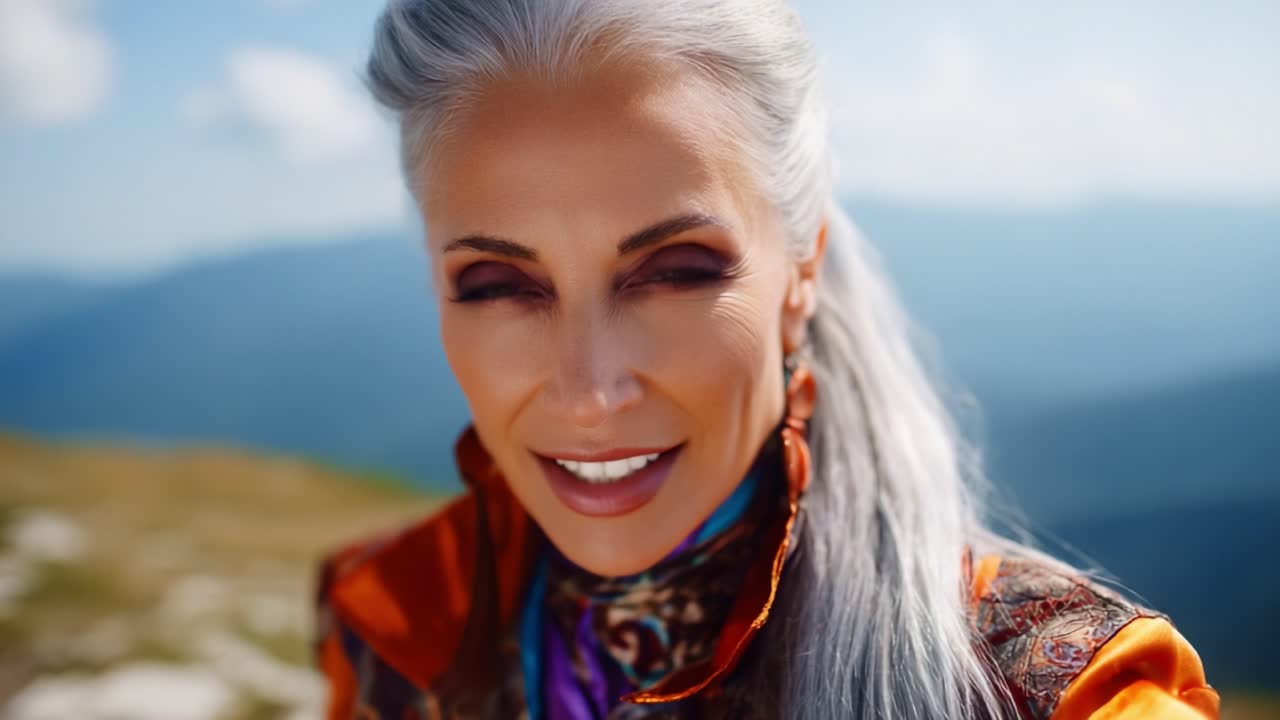 Ritratto di eleganza: primo piano accattivante di una donna matura con capelli argentei, sullo sfondo di un maestoso paesaggio montano dai colori vivaci e brillanti