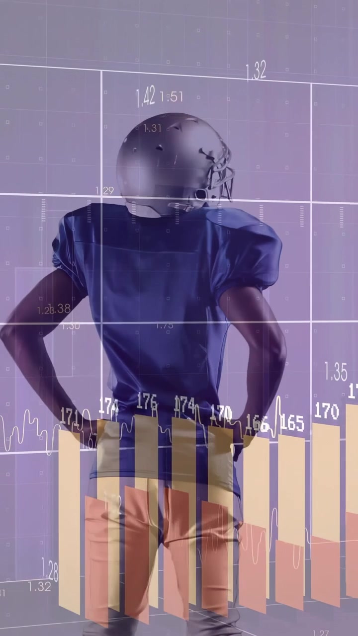 Vertical video: Helmeted player hands on hips low cam starting grid, ECG, bars showing sports data