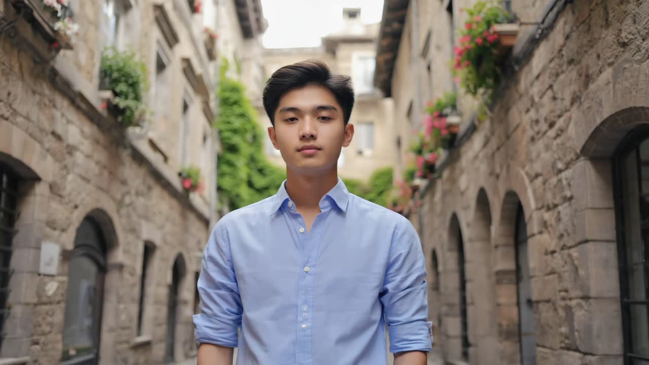 Young Asian man wearing a light blue shirt is standing in a narrow European street with stone buildings and flower pots, possibly enjoying a leisurely stroll or exploring a new city
