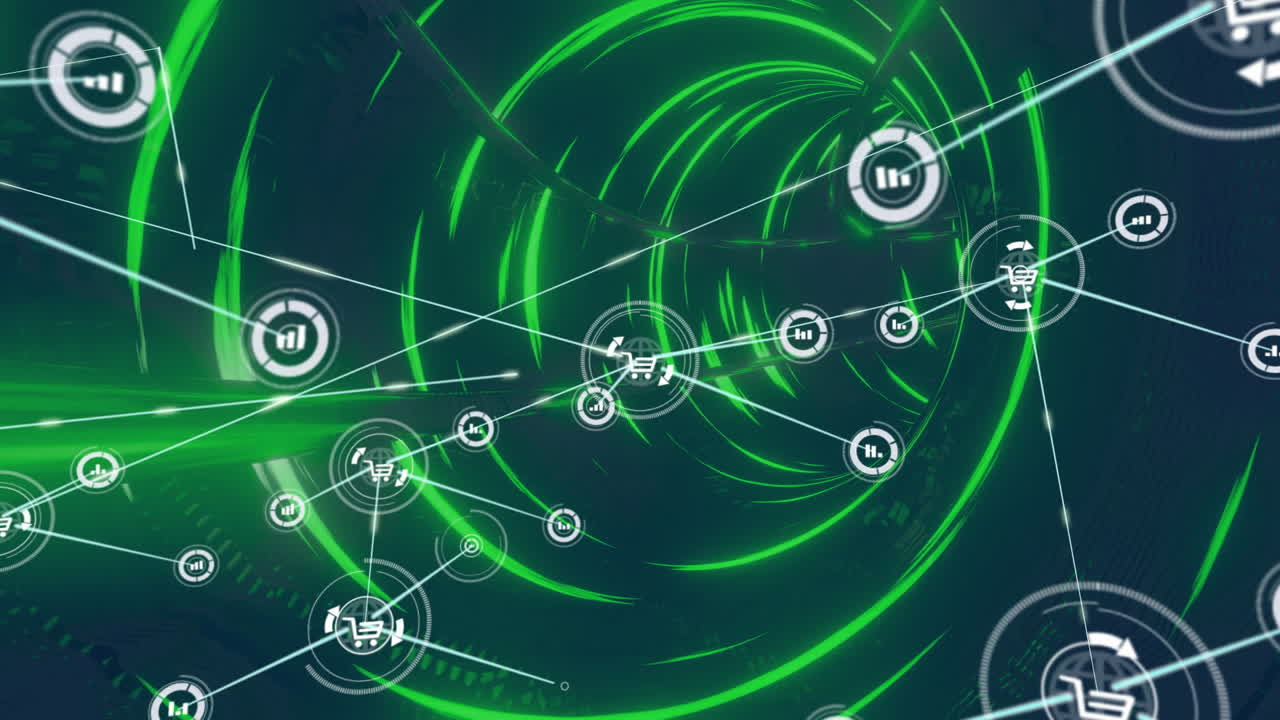 Animation of network of connections with icons over neon tunnel background