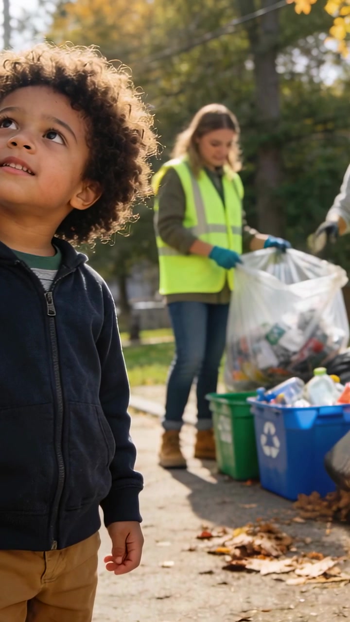 Vertical video: Watching kid at curb, crew starting cleanup in vests, raking into bag, copy space