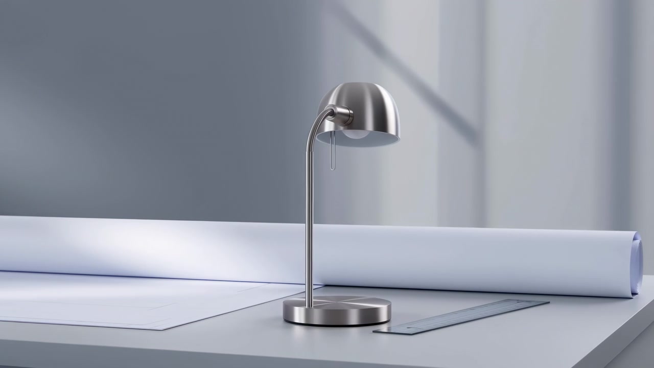Skrivebordslampe i rustfrit stål, der belyser et arkitekttegnebord under designprocessen.