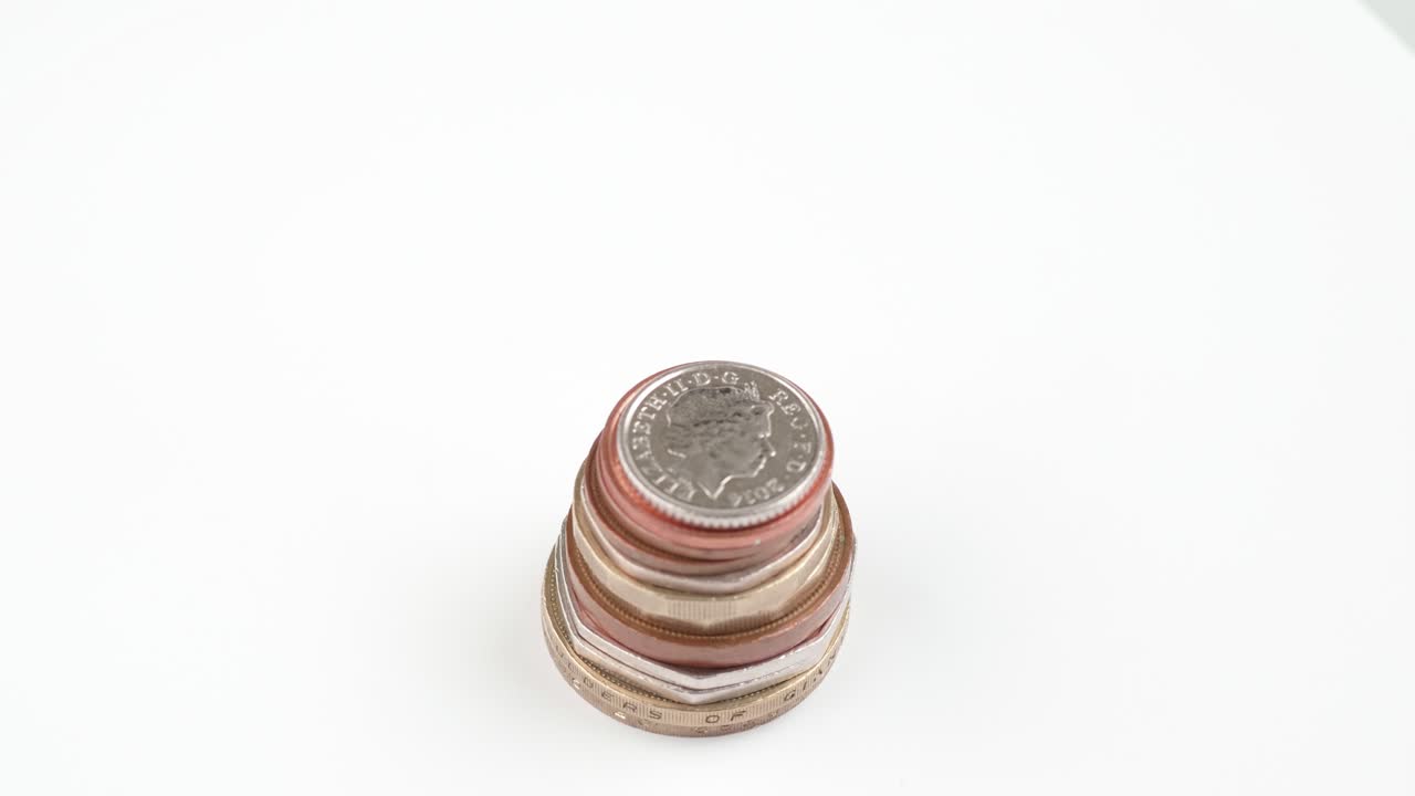 moneda del reino unido libras esterlinas monedas apiladas cerca rotando metraje contra el fondo blanco.