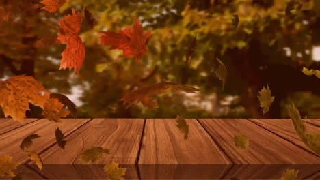 Animation-of-multiple-autumn-leaves-falling-over-bench