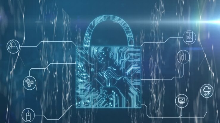 Security padlock icon against screen of network of connections