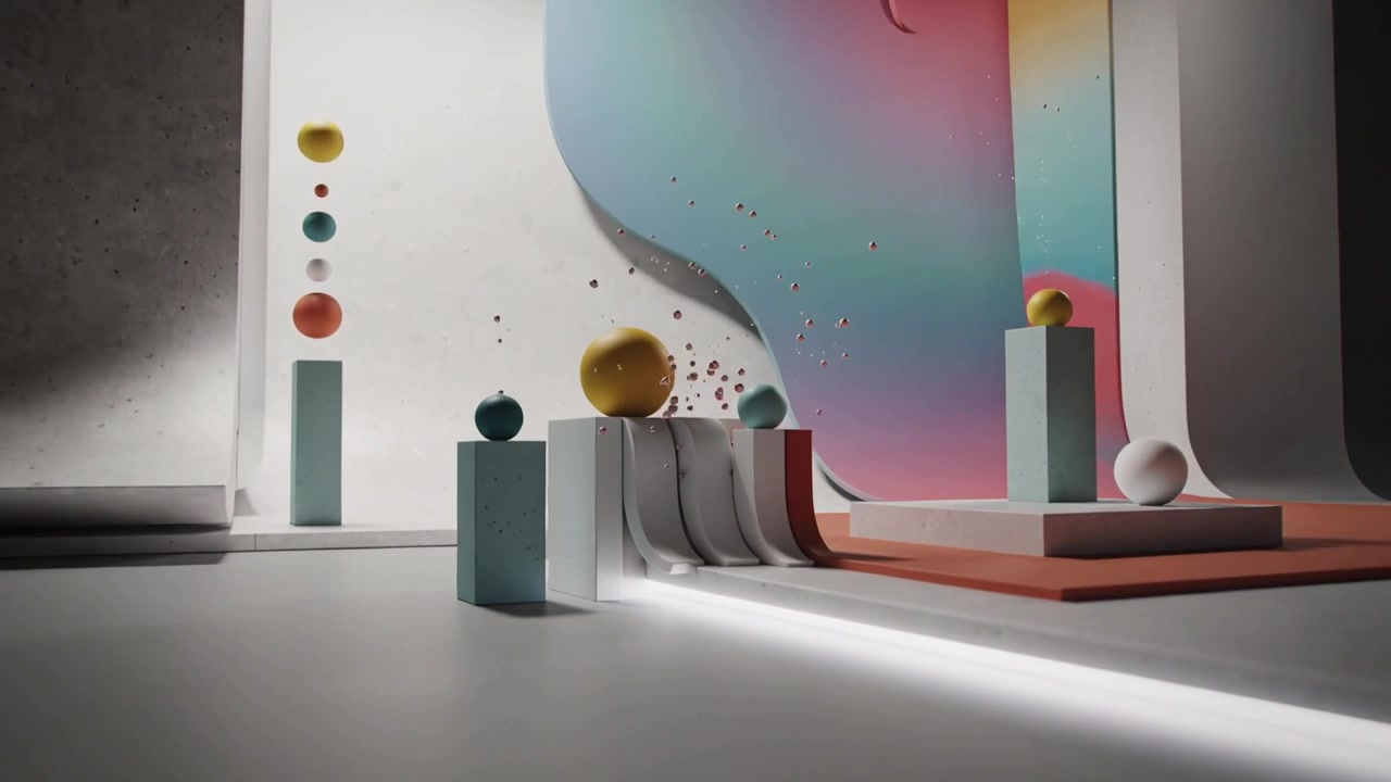 En platform skifter og sender en gul kugle glidende på hvide bånd i et gallerimiljø, støv hvirvles op.