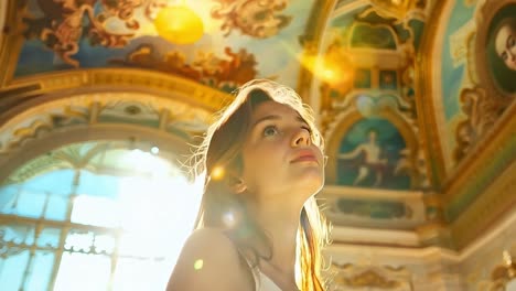 a woman in a white dress standing in a room with a painting on the ceiling