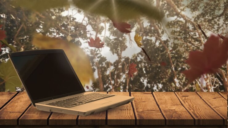 Laptop and falling autumn leaves 4k