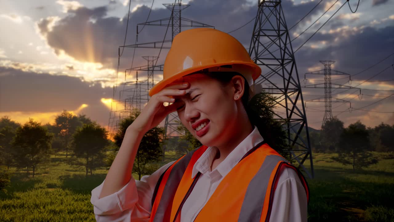 Engenheira com dor de cabeça perto de cabos de energia ao pôr do sol