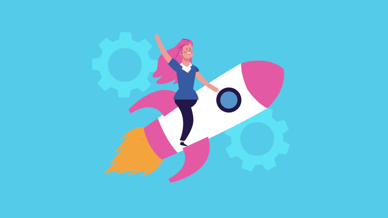 mujer de negocios en cohete con engranajes animados
