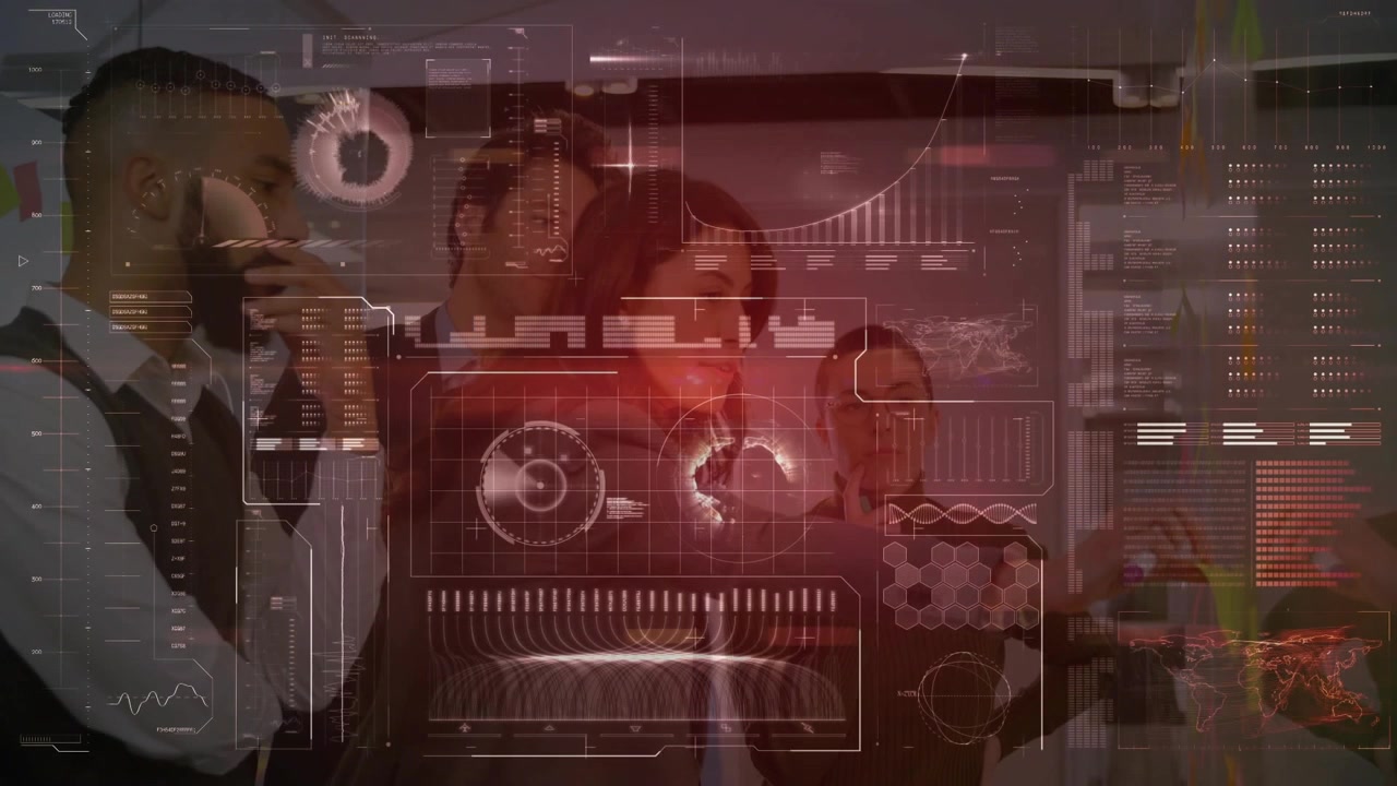 Business team using glass board with hologram, woman tapping chart raising graph guiding strategy