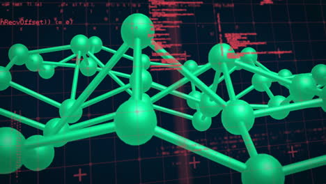 estructura molecular en 3d y animación de codificación sobre un fondo de cuadrícula oscura