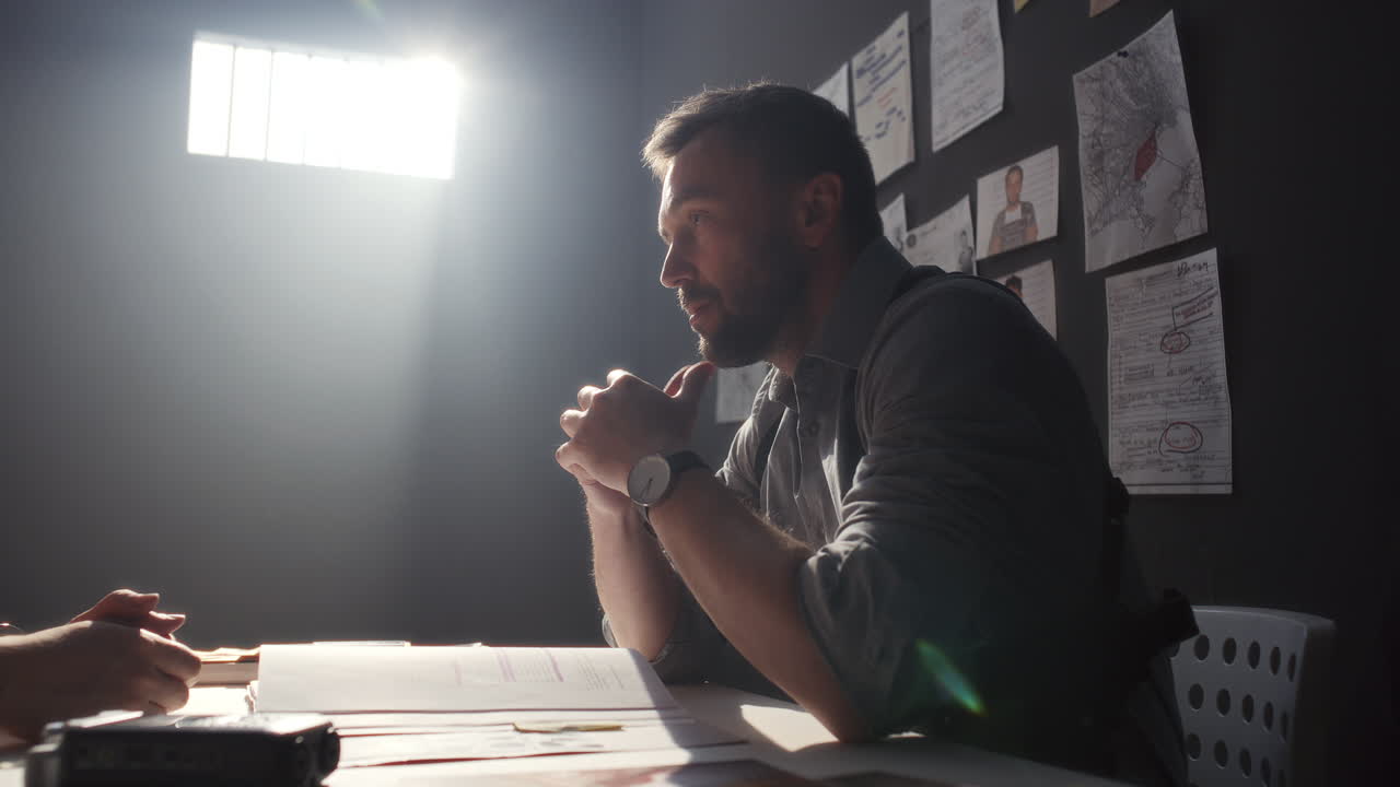 Investigator Conducting Interrogation with Inmate in Prison Room