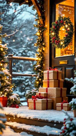 decoración de porche de navidad con nieve