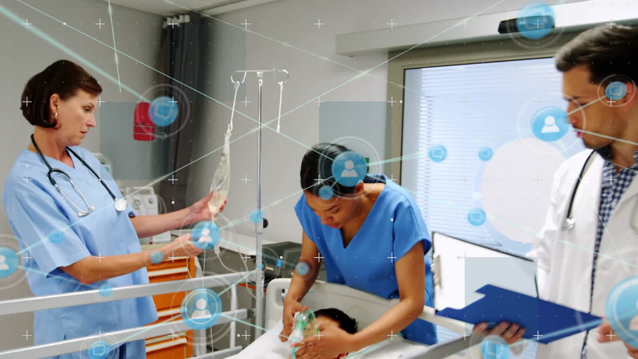 Reviewing documents, healthcare professionals with network connections animation overlay