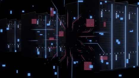 animation of circuit board and digital data processing over computer servers