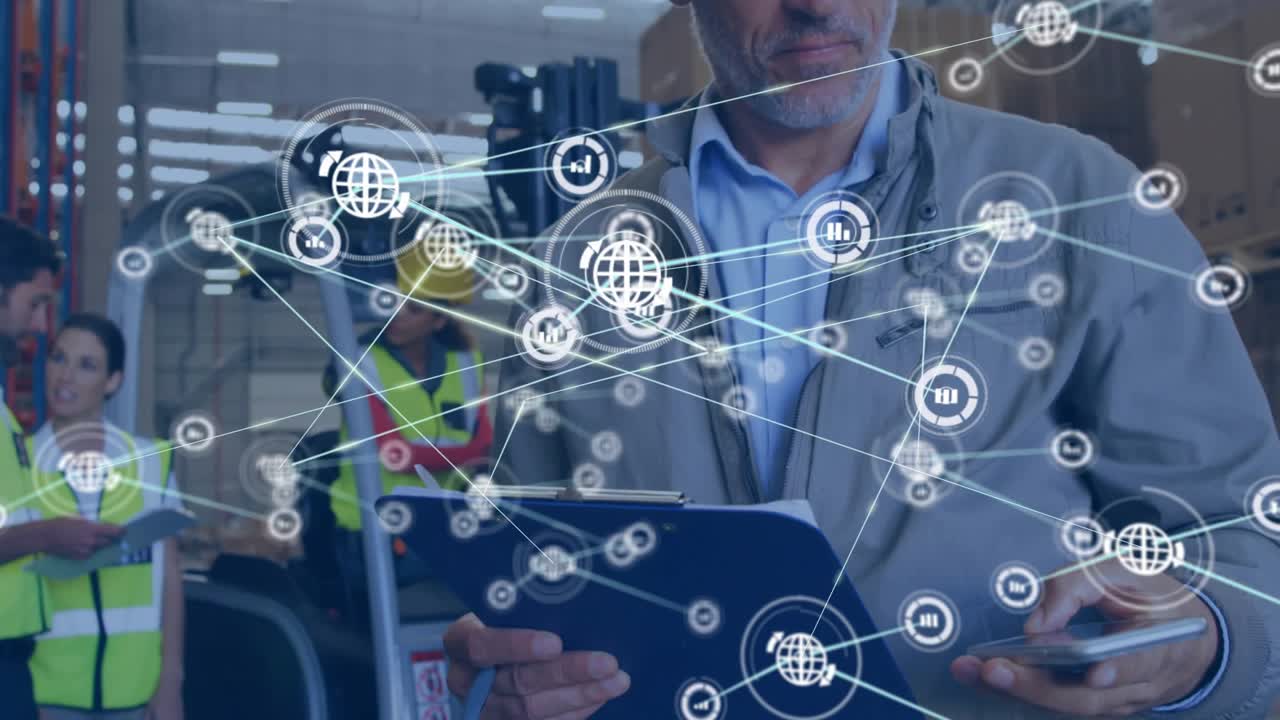 Warehouse manager speaking on phone activating network icons for data and scanning clipboard