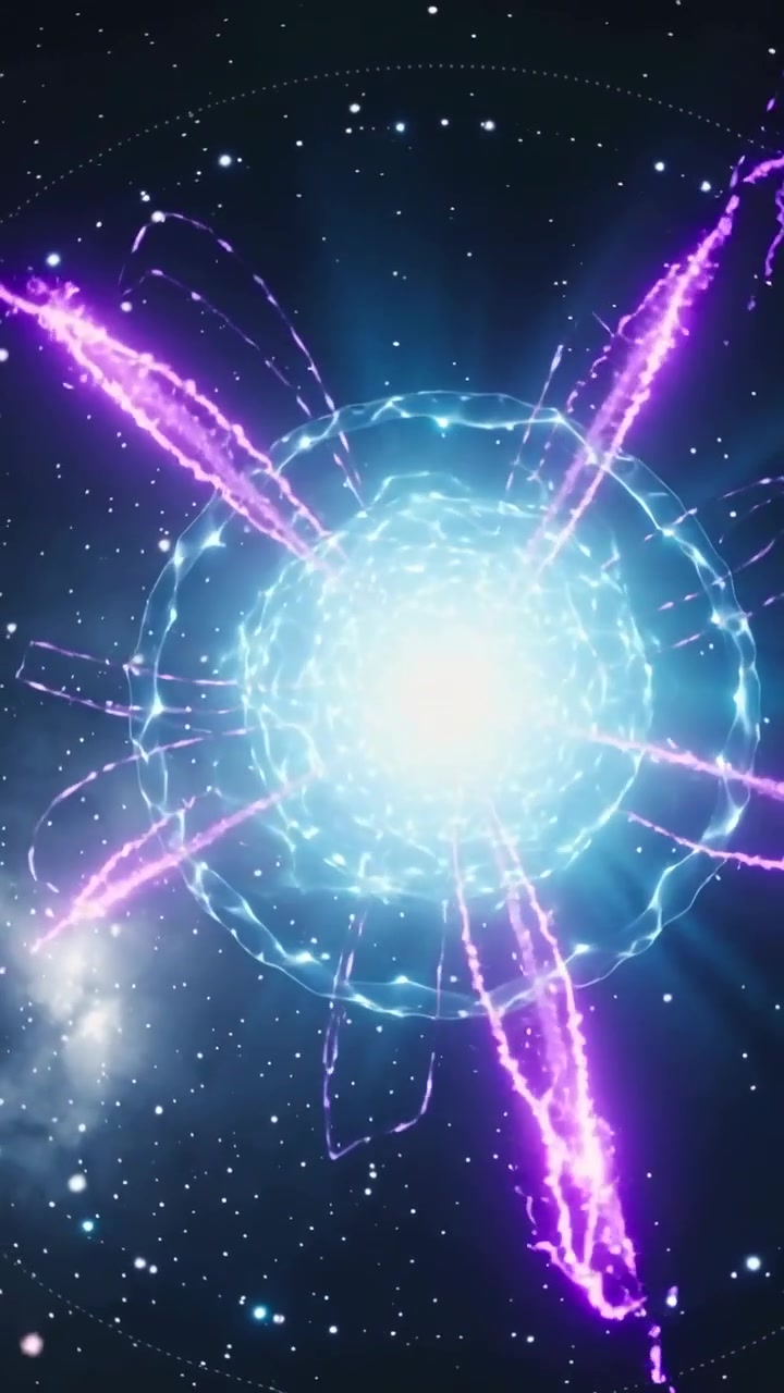 Video verticale: Sfera scintillante con nucleo luminoso che espelle viticci viola in anelli orbitali nello spazio profondo.