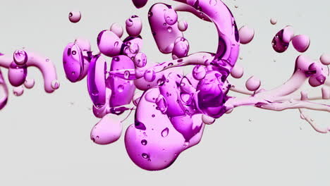 transparent purple pink, violet oil bubbles and fluid shapes in purified water on a white gradient background