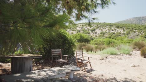 rustic outdoor seating area under trees