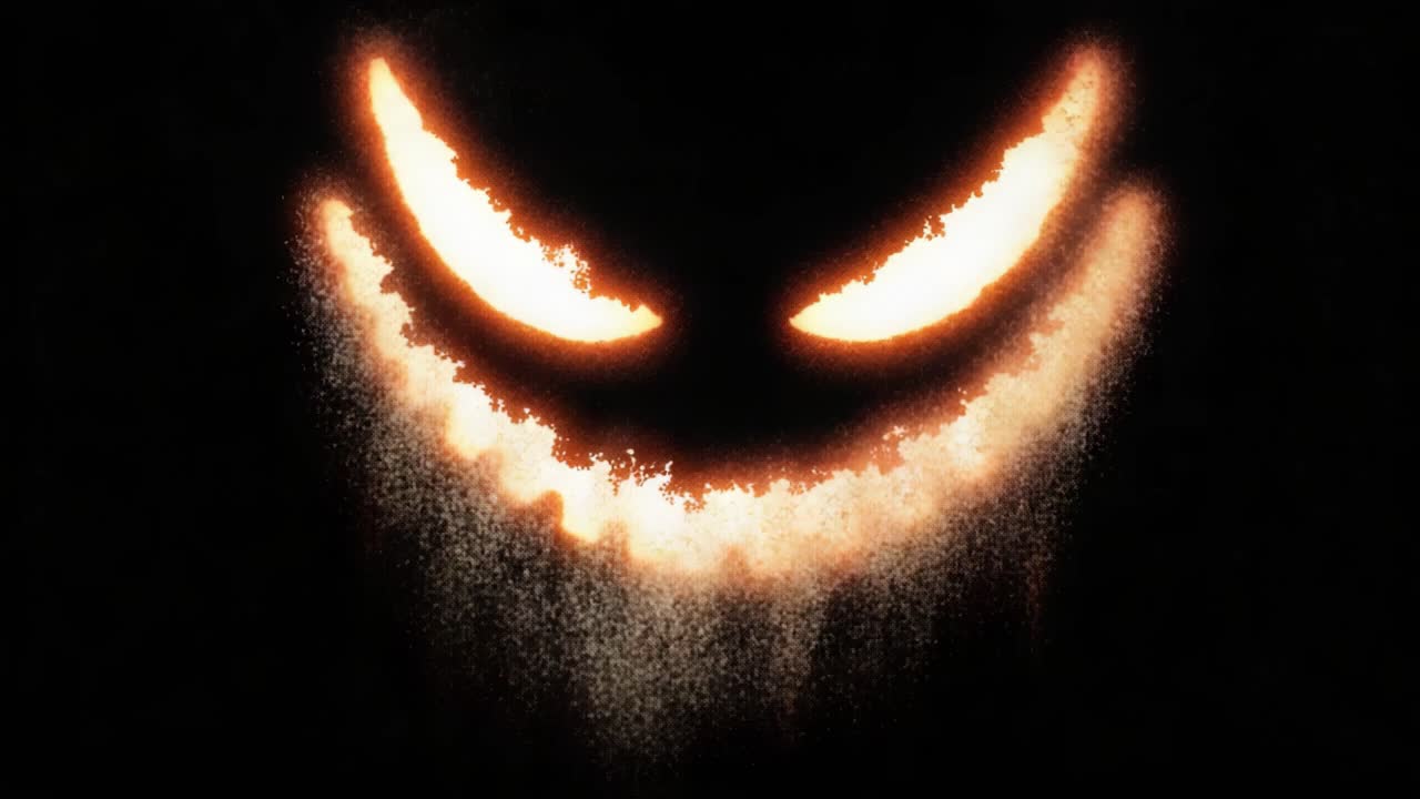 Un Motivo Oscuro e Ardente di Sorrisi Sinistri che Illuminano le Ombre: Una Trasformazione dalle Fiamme a un Sorriso Minaccioso