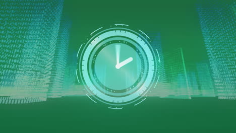 animation of clock and metaverse city on green digital screen