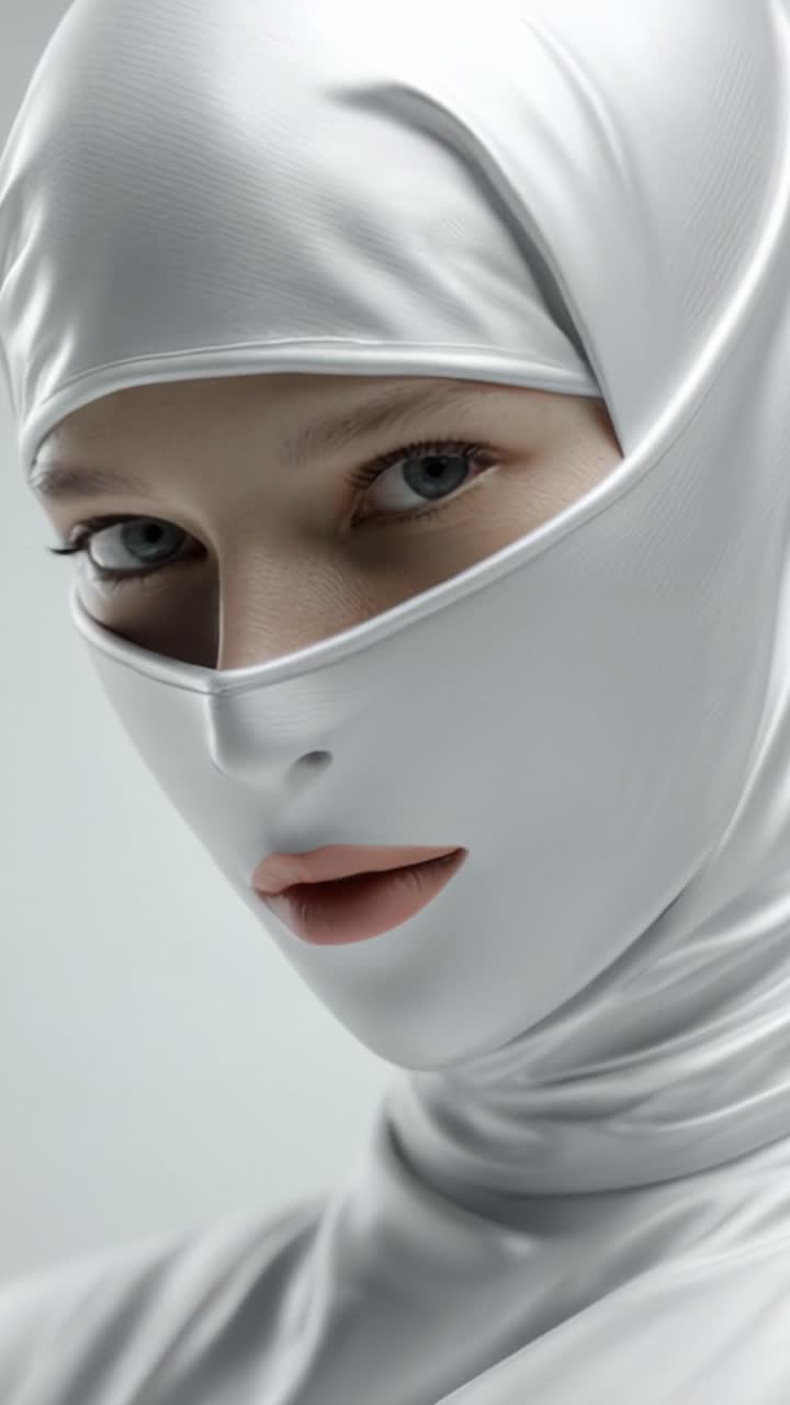 Un intrigante primo piano di una modella che indossa un'elegante maschera in tessuto bianco, evidenziando i suoi occhi espressivi e la pelle liscia in un ambiente minimalista.