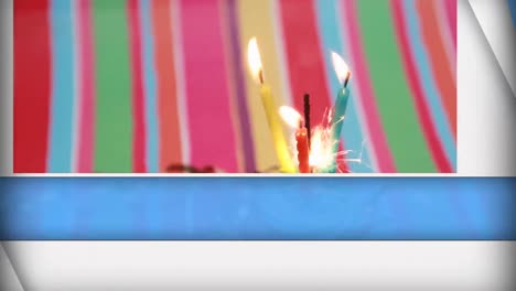 Abstcrt-blue-and-white-shapes-over-burning-candle-on-a-cupcake-against-colorful-striped-background