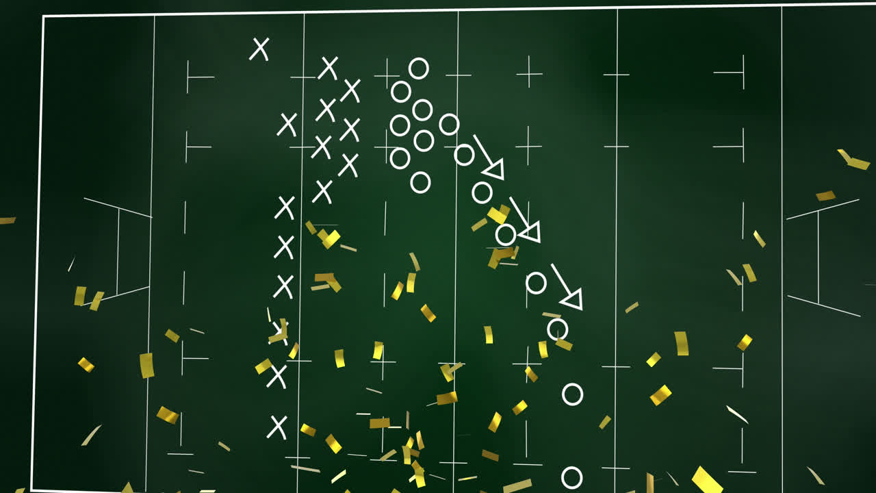 animación de confeti cayendo, tácticas deportivas sobre el campo de rugby en el fondo de la pizarra