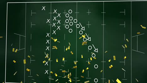 Animación-De-Confeti-Cayendo,-Tácticas-Deportivas-Sobre-Campo-De-Rugby-Sobre-Fondo-De-Pizarra