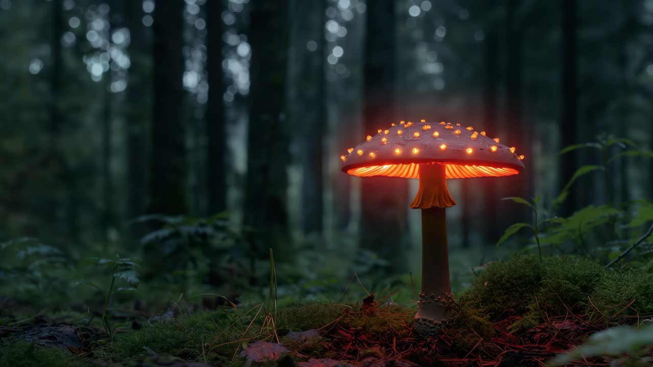Bioluminescent orange mushroom glowing softly among dark forest undergrowth, radiating mysterious magical ambiance during nocturnal woodland environment