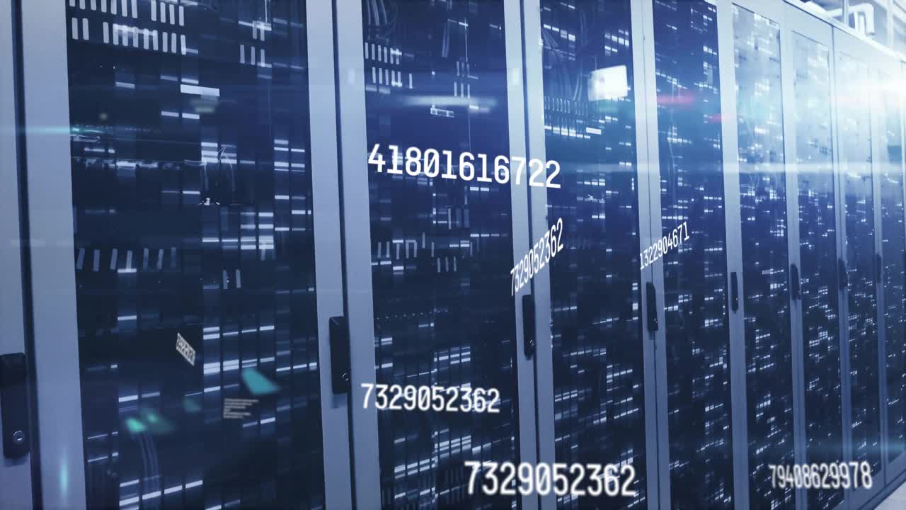 Clip starting numeric streams drifting across server racks demonstrating live data processing