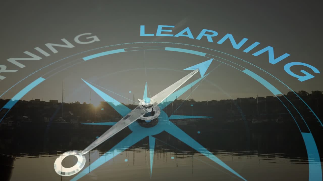 Su un'interfaccia in caricamento, una freccia di bussola 3D che ruota con punti luce che illuminano il percorso di apprendimento per l'orientamento.