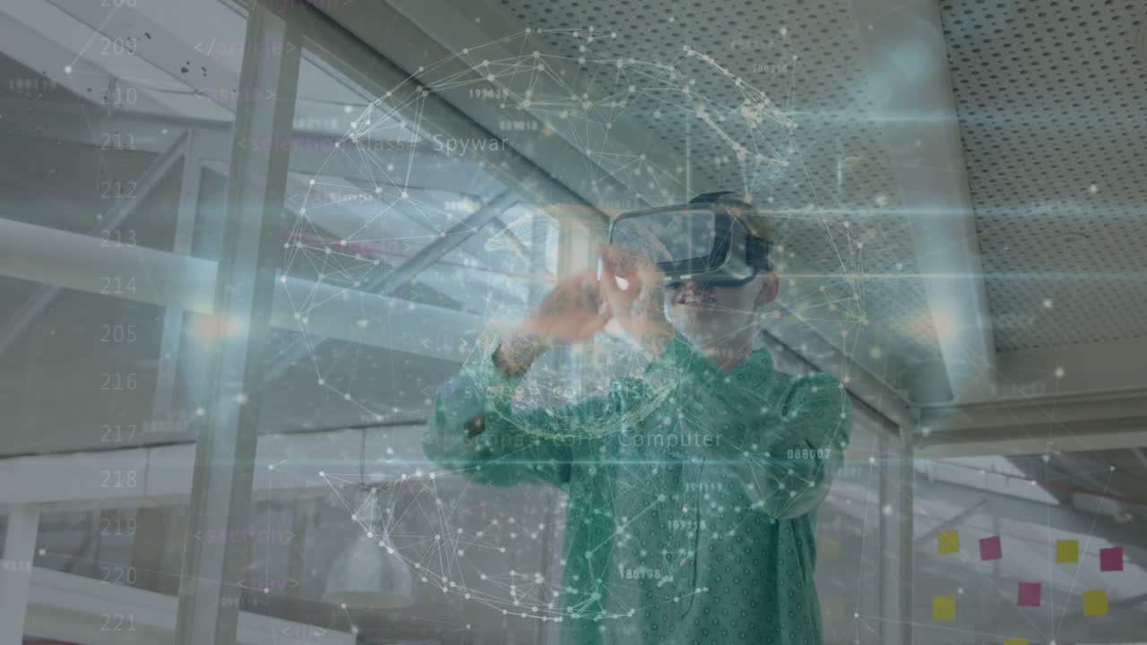 Using animation, person wearing virtual reality headset with digital network overlay