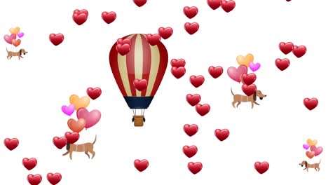 animation of hearts over dogs and balloons on white background