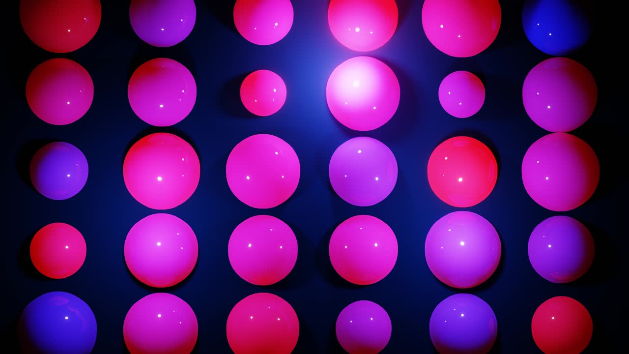 composición abstracta de bolas de colores en el plano, que se iluminan al azar y se reflejan entre sí. esferas multicolores como leds como simple fondo oscuro geométrico con efectos de luz.