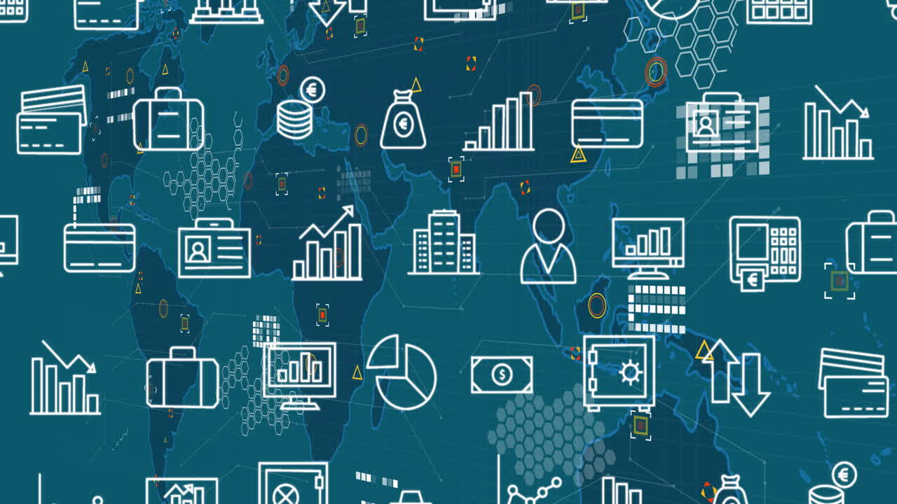 animación de iconos y procesamiento de datos financieros sobre el mapa del mundo.