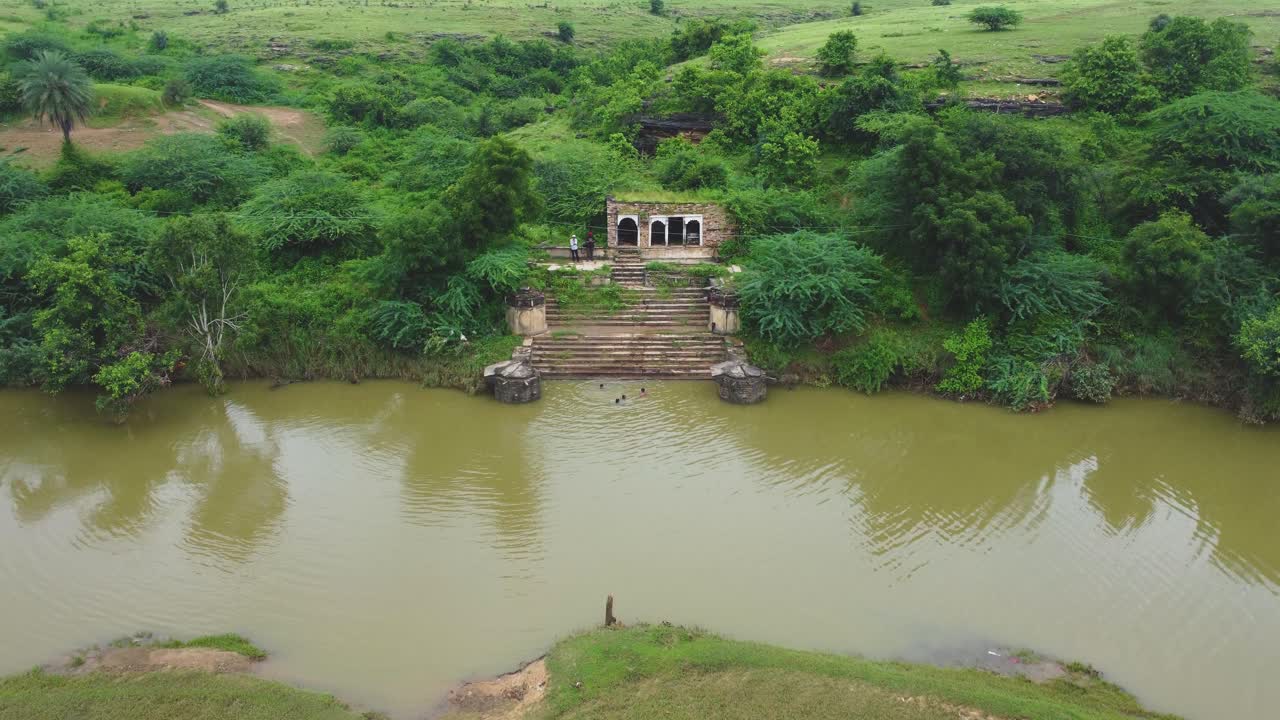 Aerial shot of a historical sankh river ghat in gwalior madhya pradesh