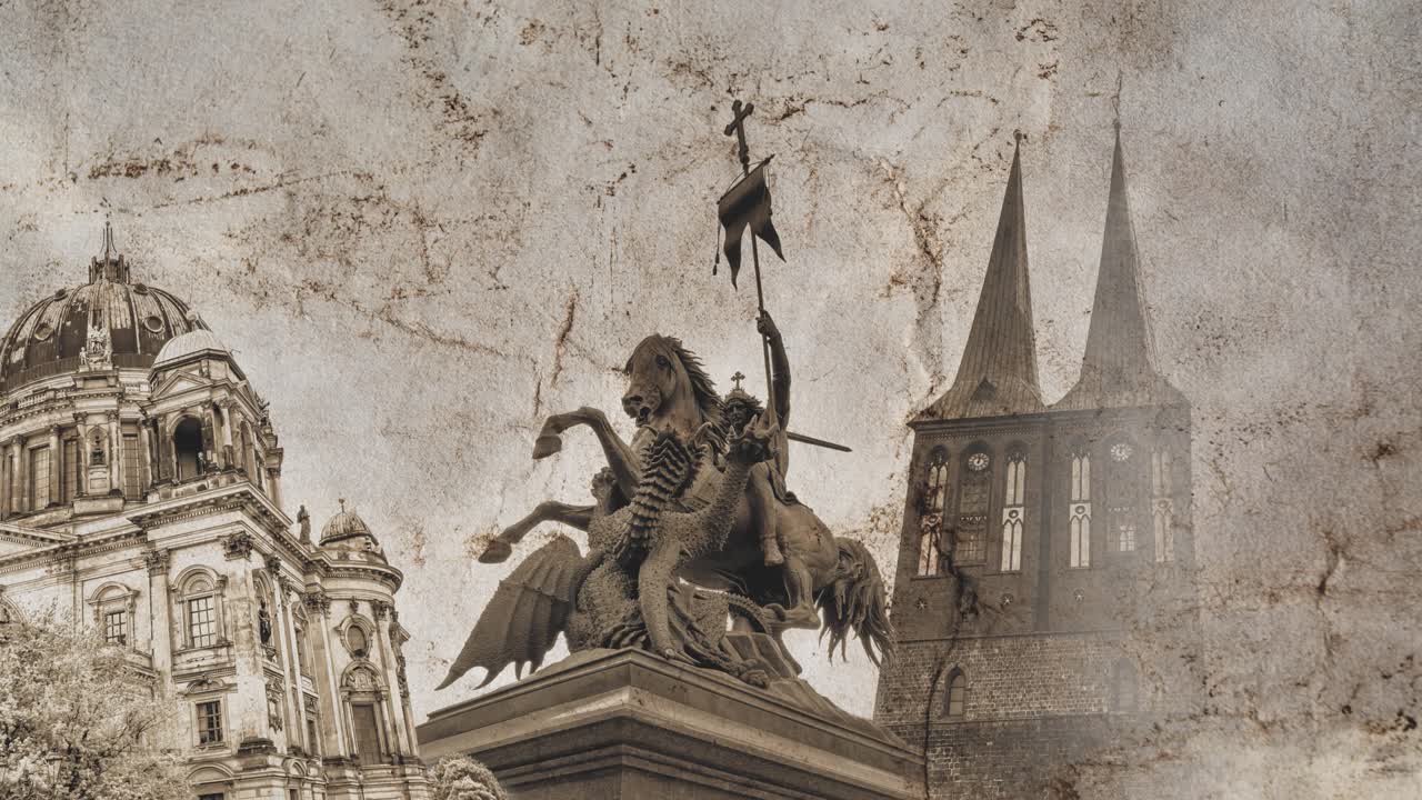 독일의 베를린 명소의 느린 동작 콜라지, 은 빈티지 은 종이와 구름이 있는 타임 스 하늘에 서서히 나타나는, 파랄락스 효과를 가진 창의적인 4k 비디오 루프 애니메이션.