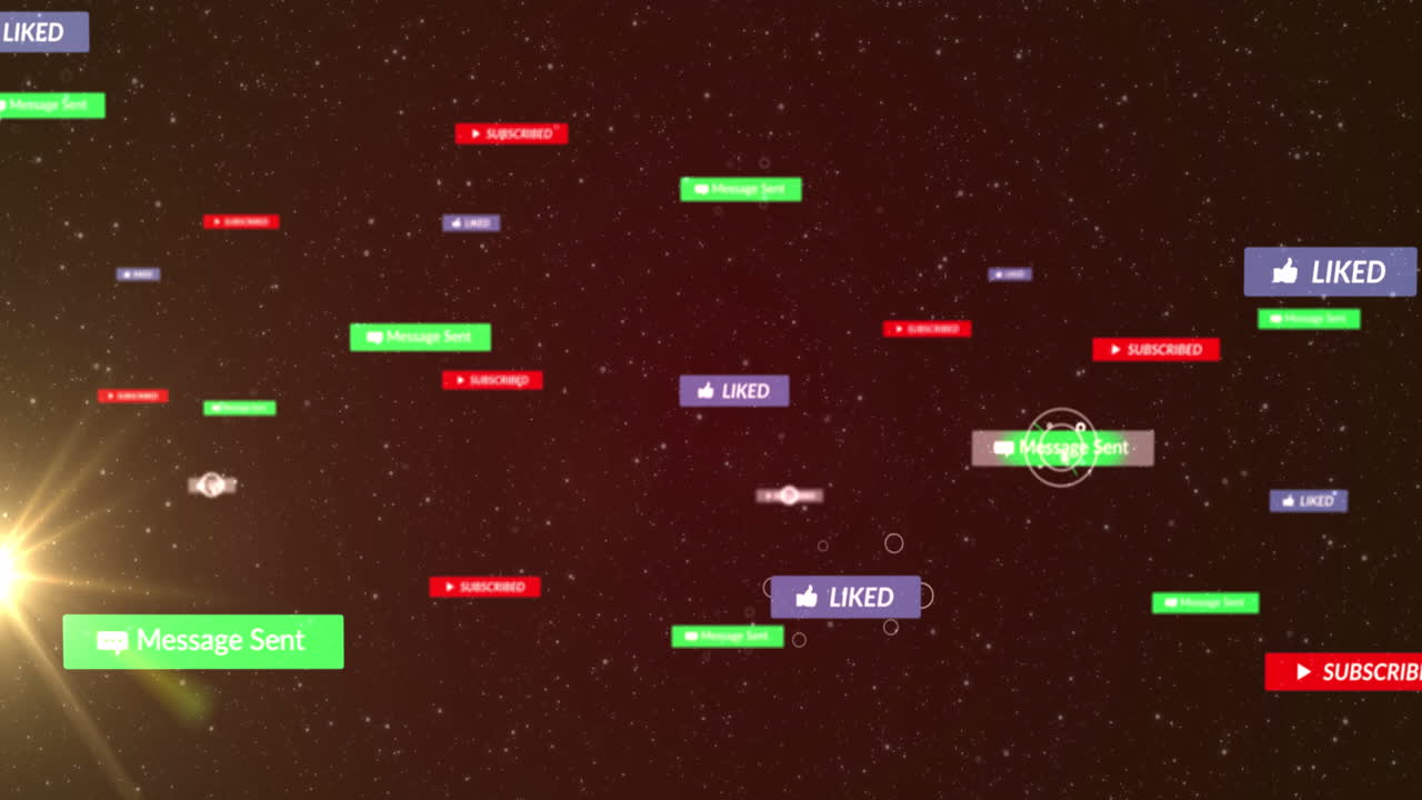 밤하늘의 다채로운 배너에 있는 소셜 미디어 아이콘과 텍스트 위의 커서의 애니메이션