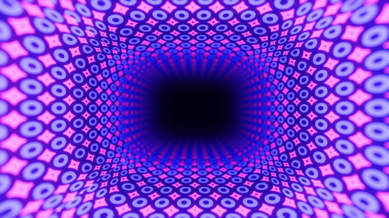 4k seamless looped animation. Fly through mirror tunnel with neon pattern, glow lines form sci fi pattern. Bright reflection neon light. Simple bright background, sci fi structure