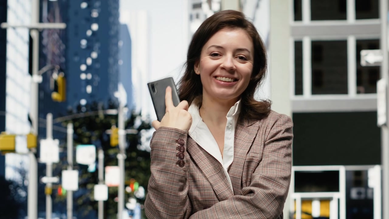 Empresária sorridente atende a uma chamada telefônica em um movimentado distrito central