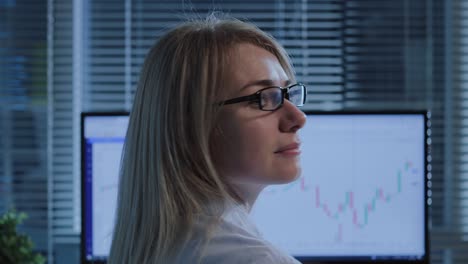 rear view of female trader working on computer and turning on camera in office.