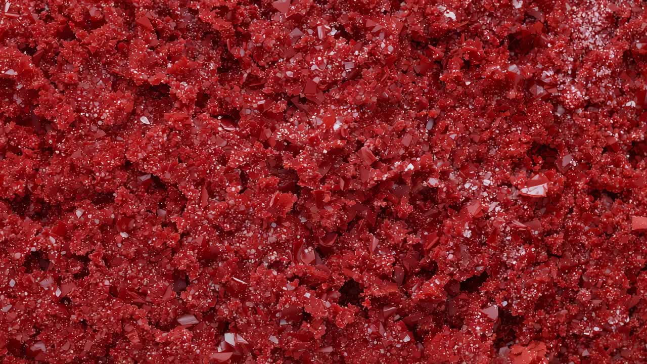 Capturing camera filming red granules in studio macro, angled lighting shifting glares for texture