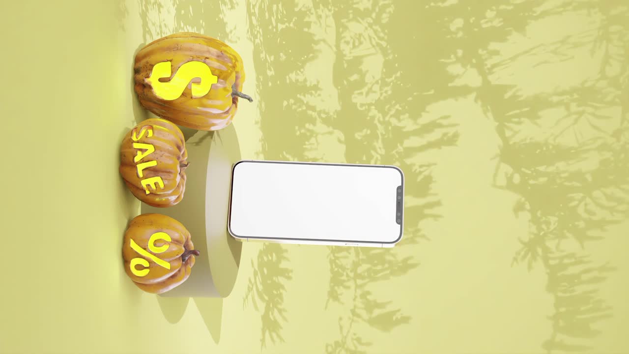 할로윈 판매 수직 광고 전화 화면에 색 화면과 호박, 노란색 배경